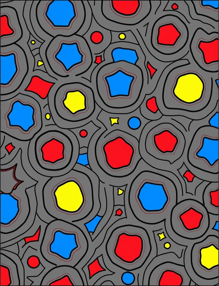Gray Organic Shapes with Blue Red Yellow Rug