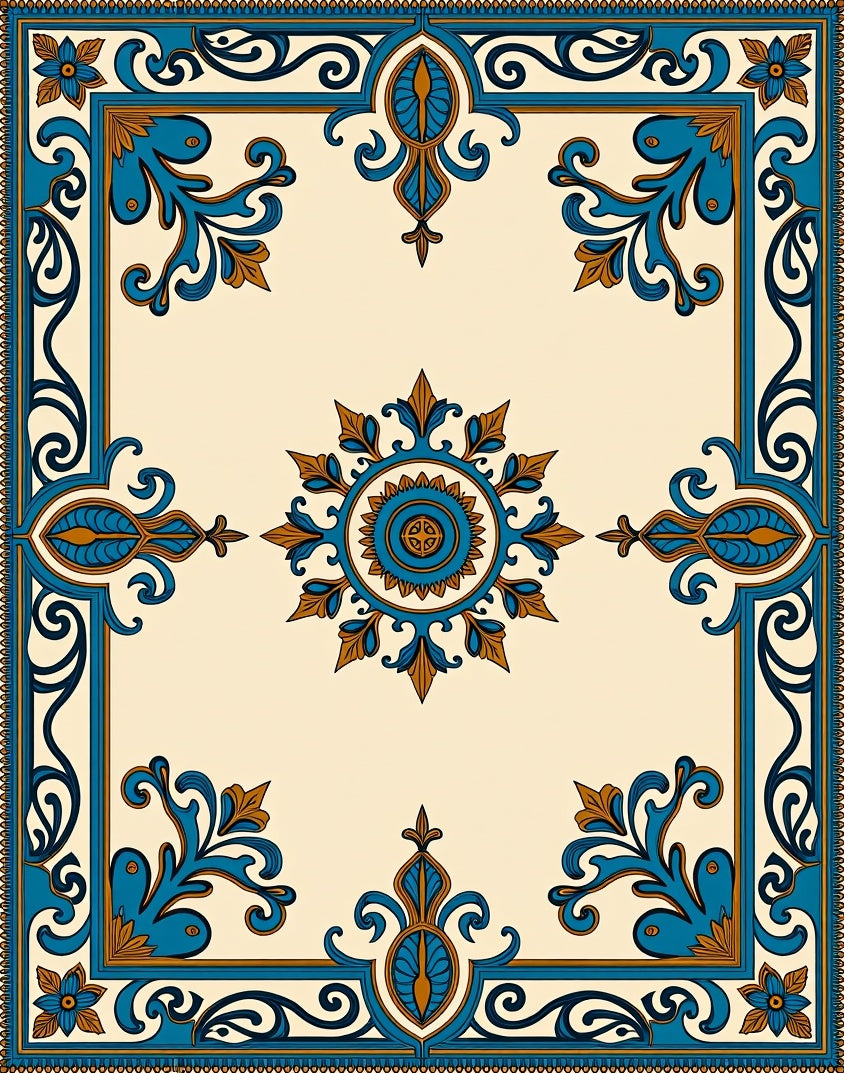 Blue Amber Scrollwork Medallion Rug