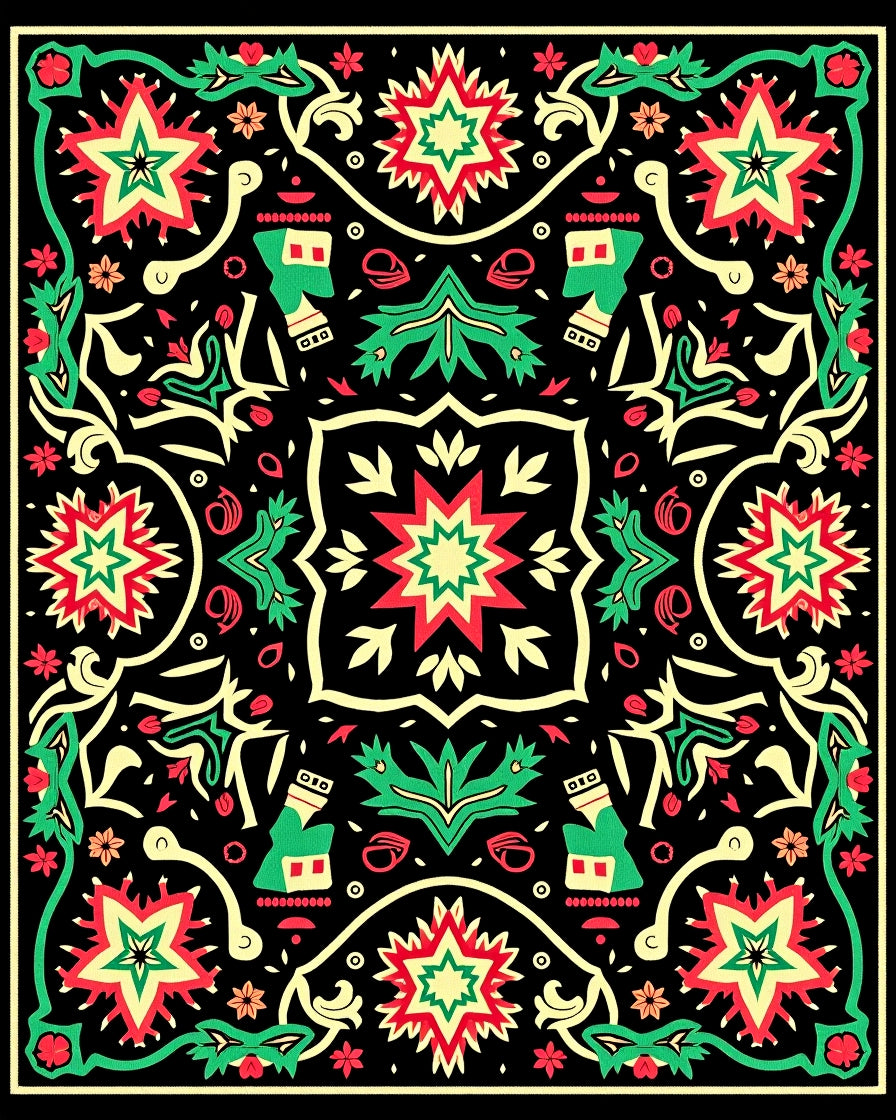Vibrant Red Green Starburst Floral Rug