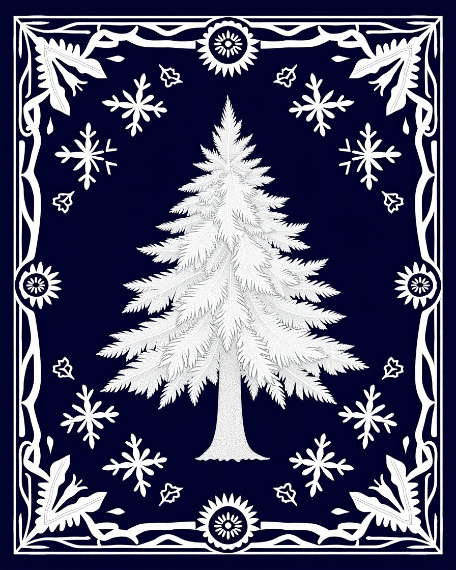 White Pine Tree Snowflakes Border Rug