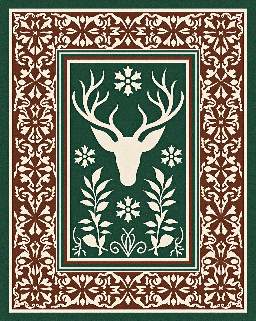 Forest Green Reindeer Snowflake Border Rug