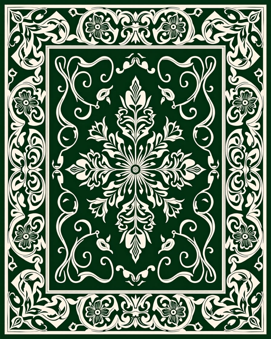 Deep Green White Floral Medallion Vine Rug