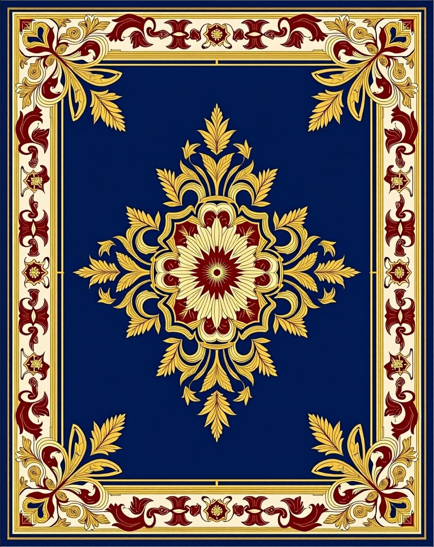 Rich Cobalt Red Gold Floral Medallion Rug