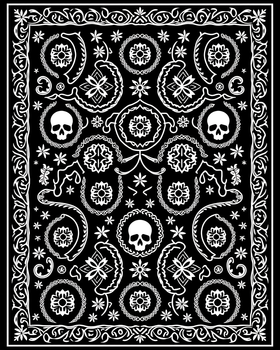 Black and White Skull Floral Scroll Rug