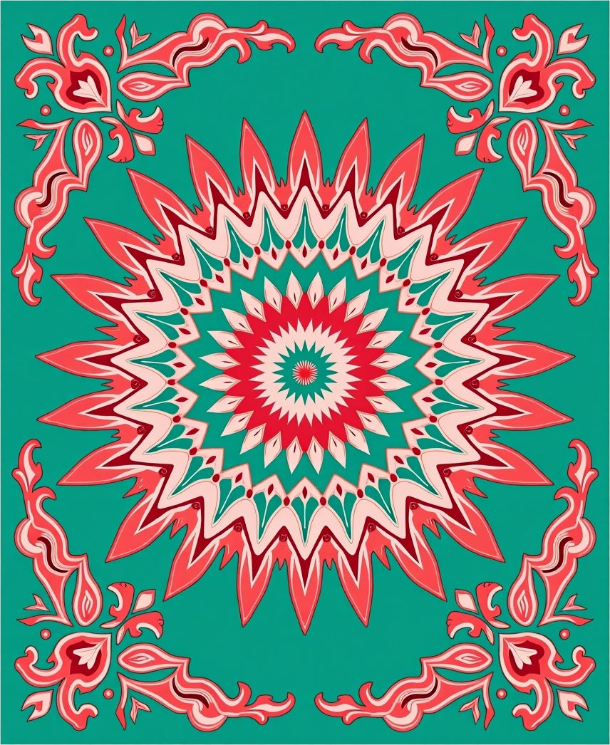 Coral Teal Sunburst Mandala Rug