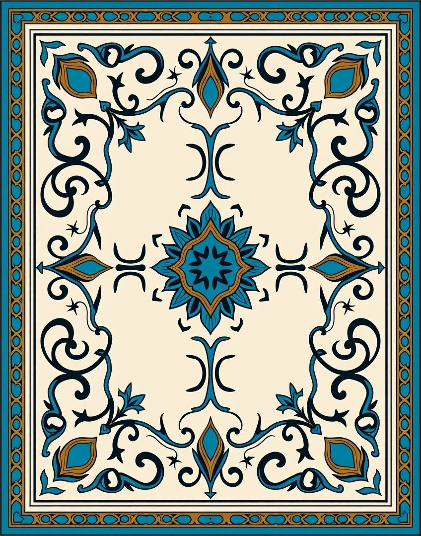 Turquoise Blue Floral Scroll Tiled Rug