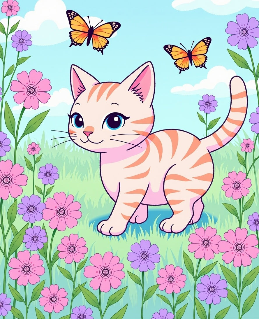 Whimsical Kitten And Butterflies Meadow Rug