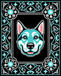 Turquoise Dog Floral Frame Black Rug