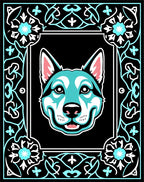Turquoise Dog Floral Frame Black Rug