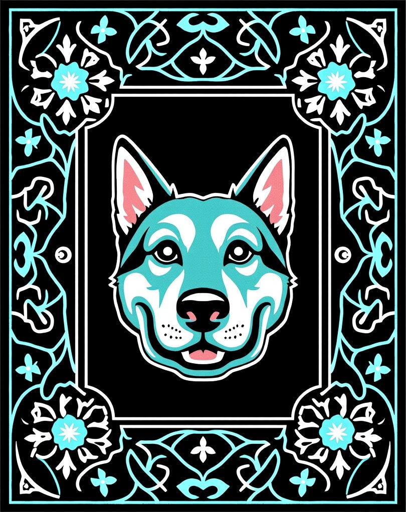 Turquoise Dog Floral Frame Black Rug