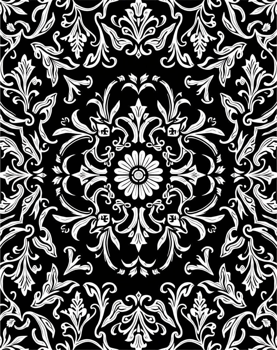 Black White Ornate Floral Bloom Rug