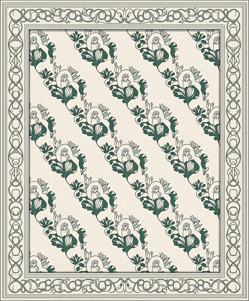 Green Floral Scroll Border Rug