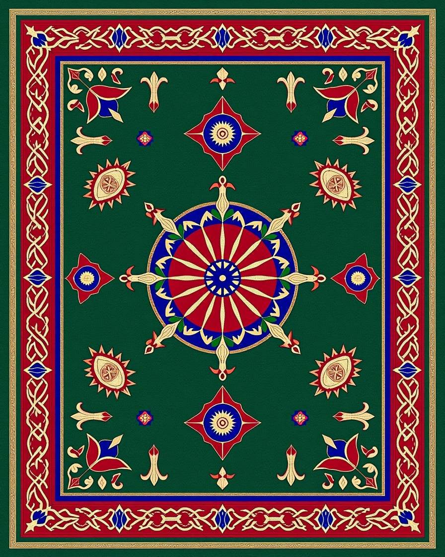 Ornate Green Red Blue Medallion Rug