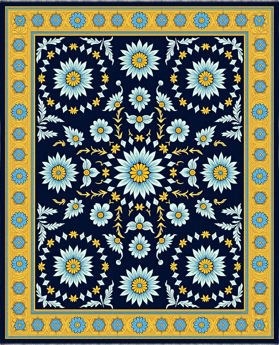 Navy Blue Floral Medallion Yellow Border Rug