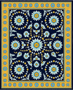 Navy Blue Floral Medallion Yellow Border Rug