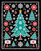 Teal Christmas Trees Red Ornaments Black Rug
