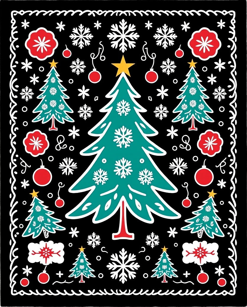 Teal Christmas Trees Red Ornaments Black Rug