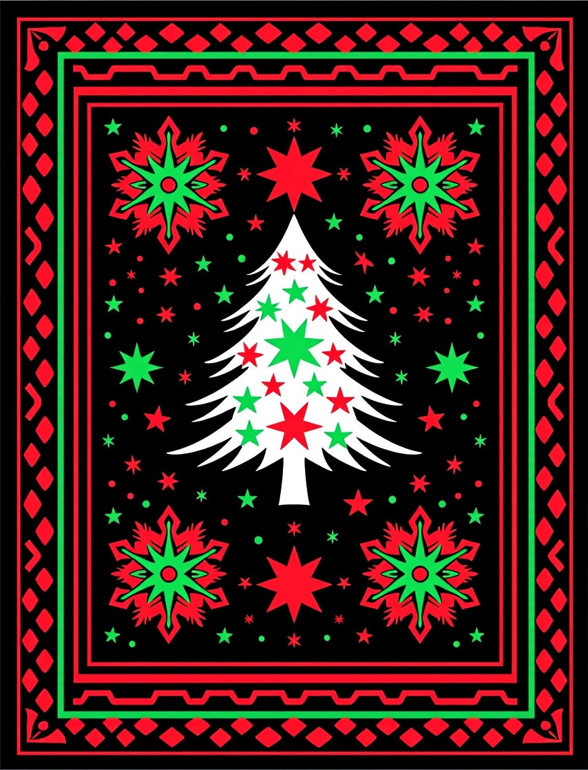 Festive Red Green Christmas Tree Stars Rug