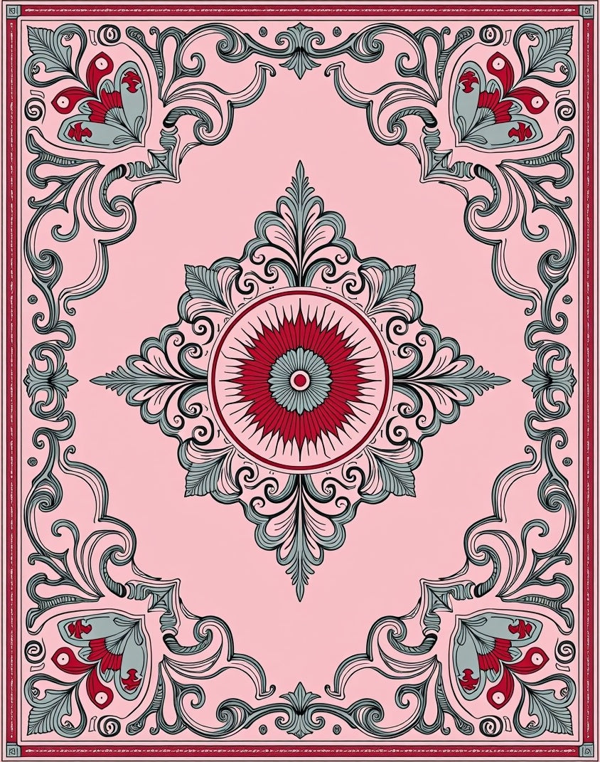 Victorian Pink Floral Scroll Medallion Rug