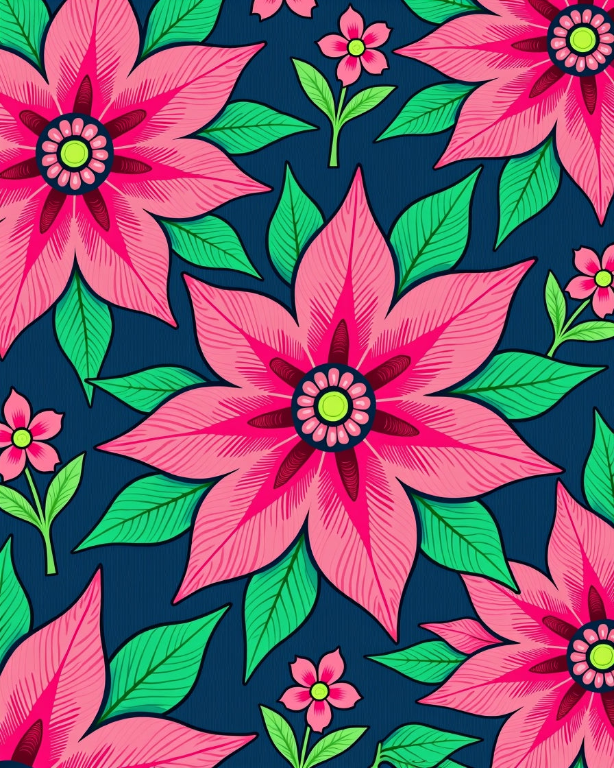 Bold Pink Floral Garden on Navy Rug