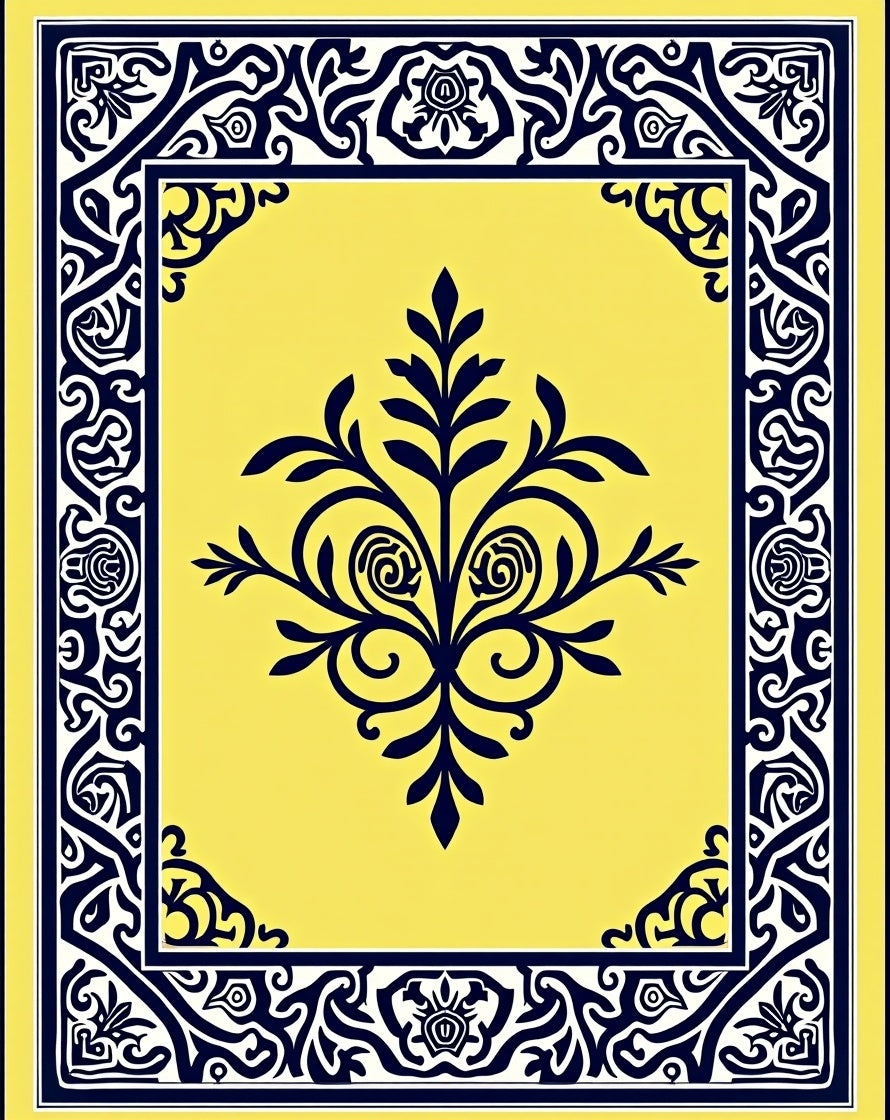 Vibrant Yellow Dark Blue Floral Frame Rug