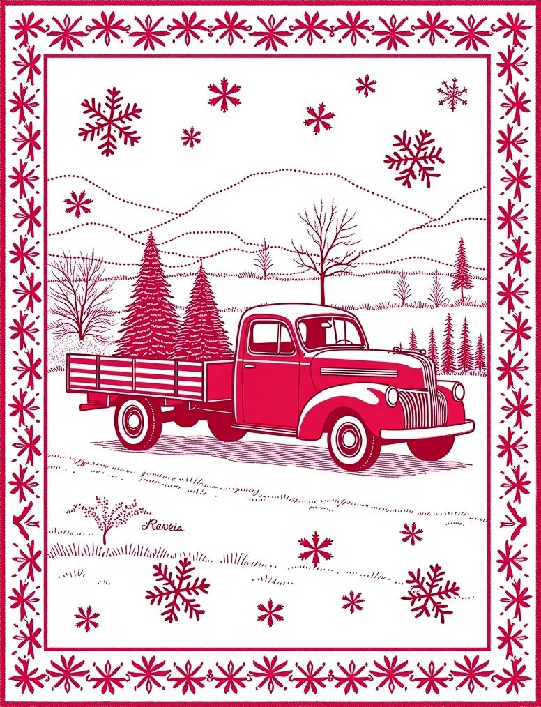 Vintage Red Truck Snowflake Scene Rug