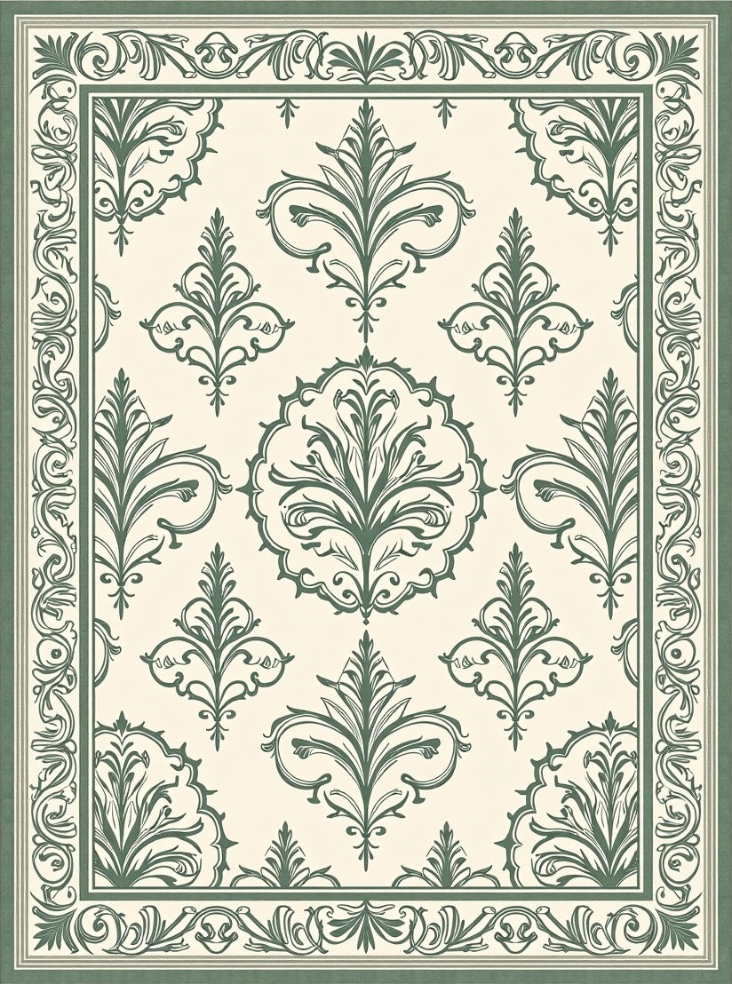 Sage Green Damask Scroll Border Rug
