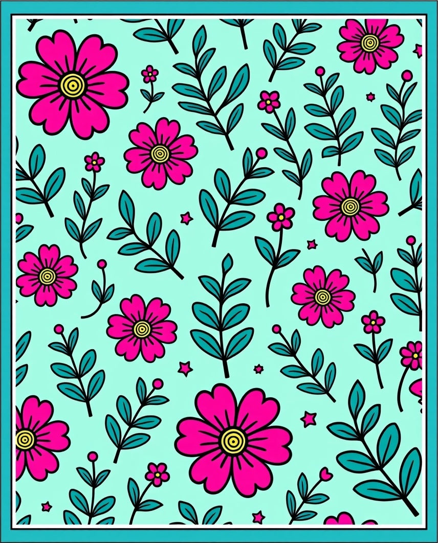 Retro Pink Floral Teal Botanical Garden Rug