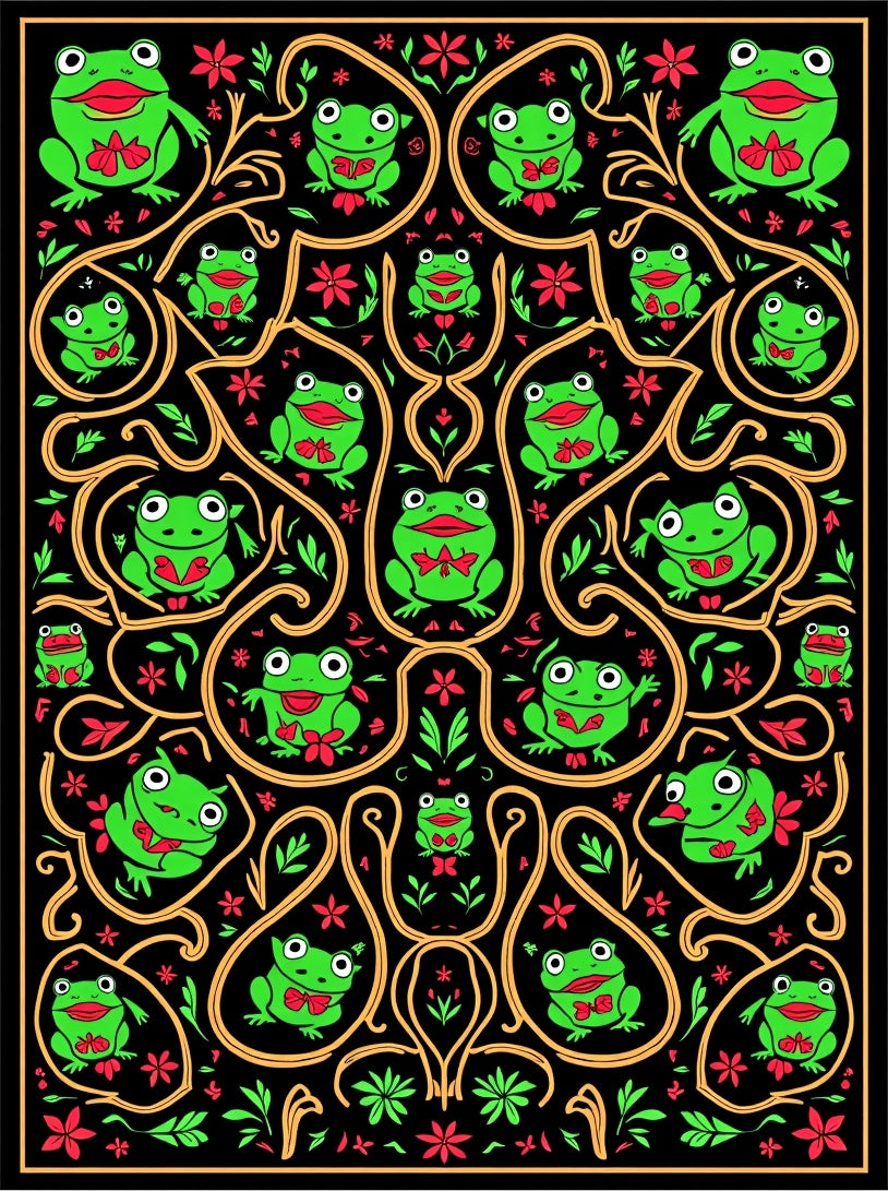 Whimsical Frog Floral Black And Gold Rug