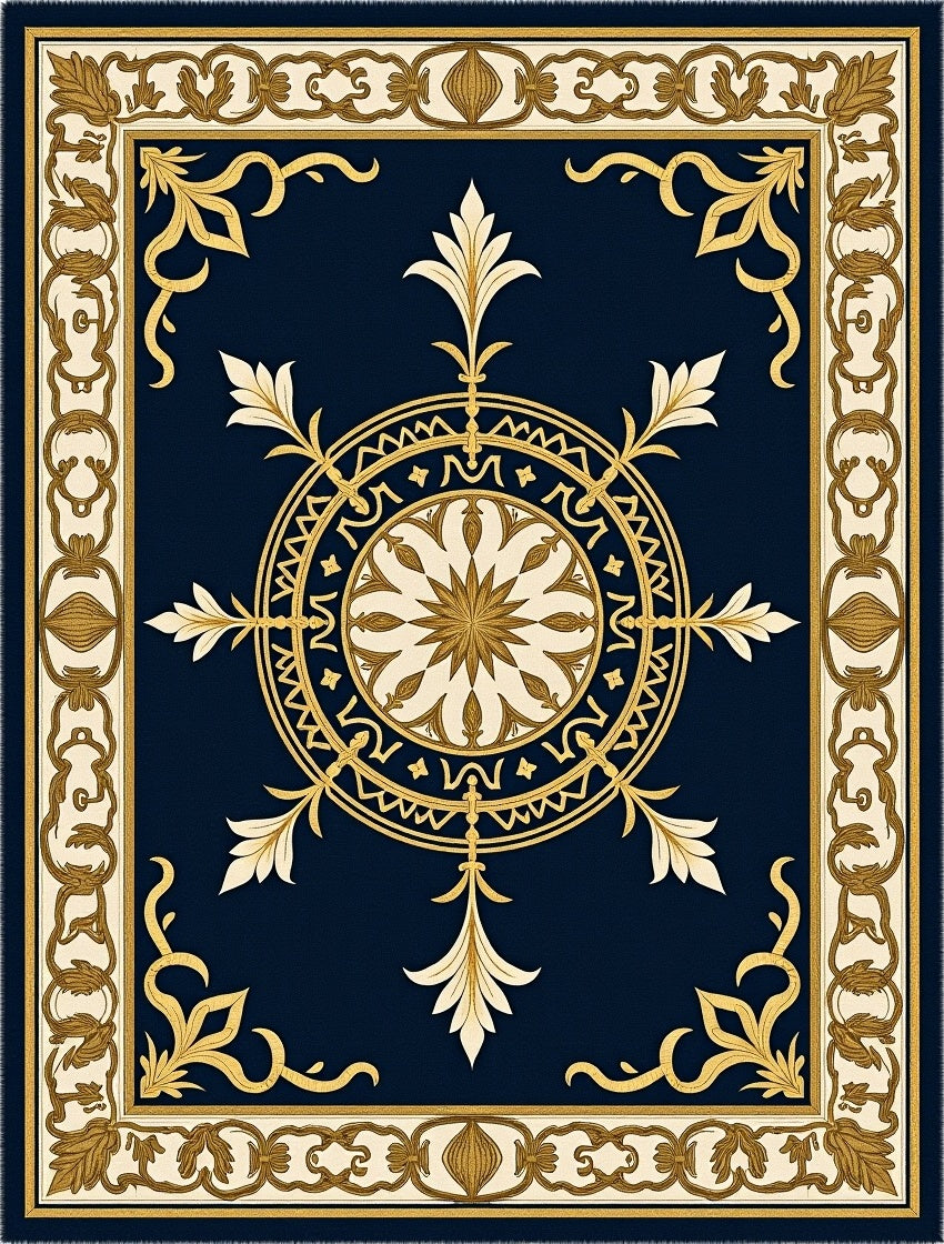 Navy Gold Floral Medallion Border Rug