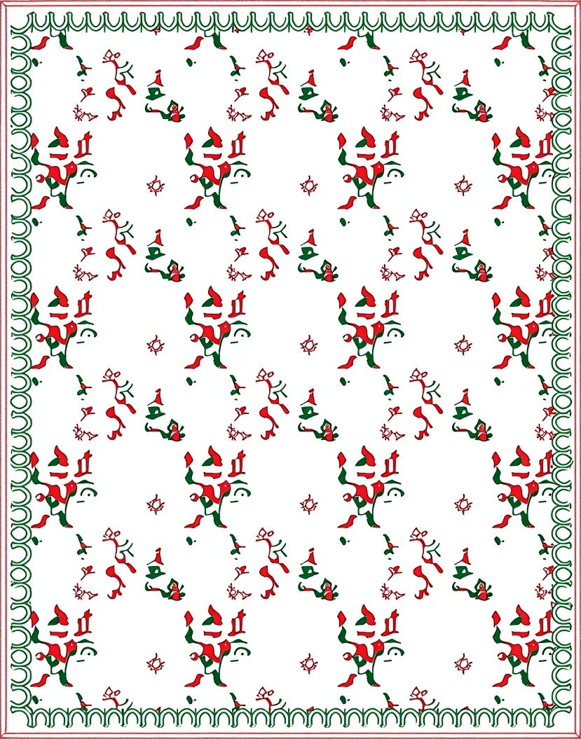 Red Green Folk Art Figures Border Rug