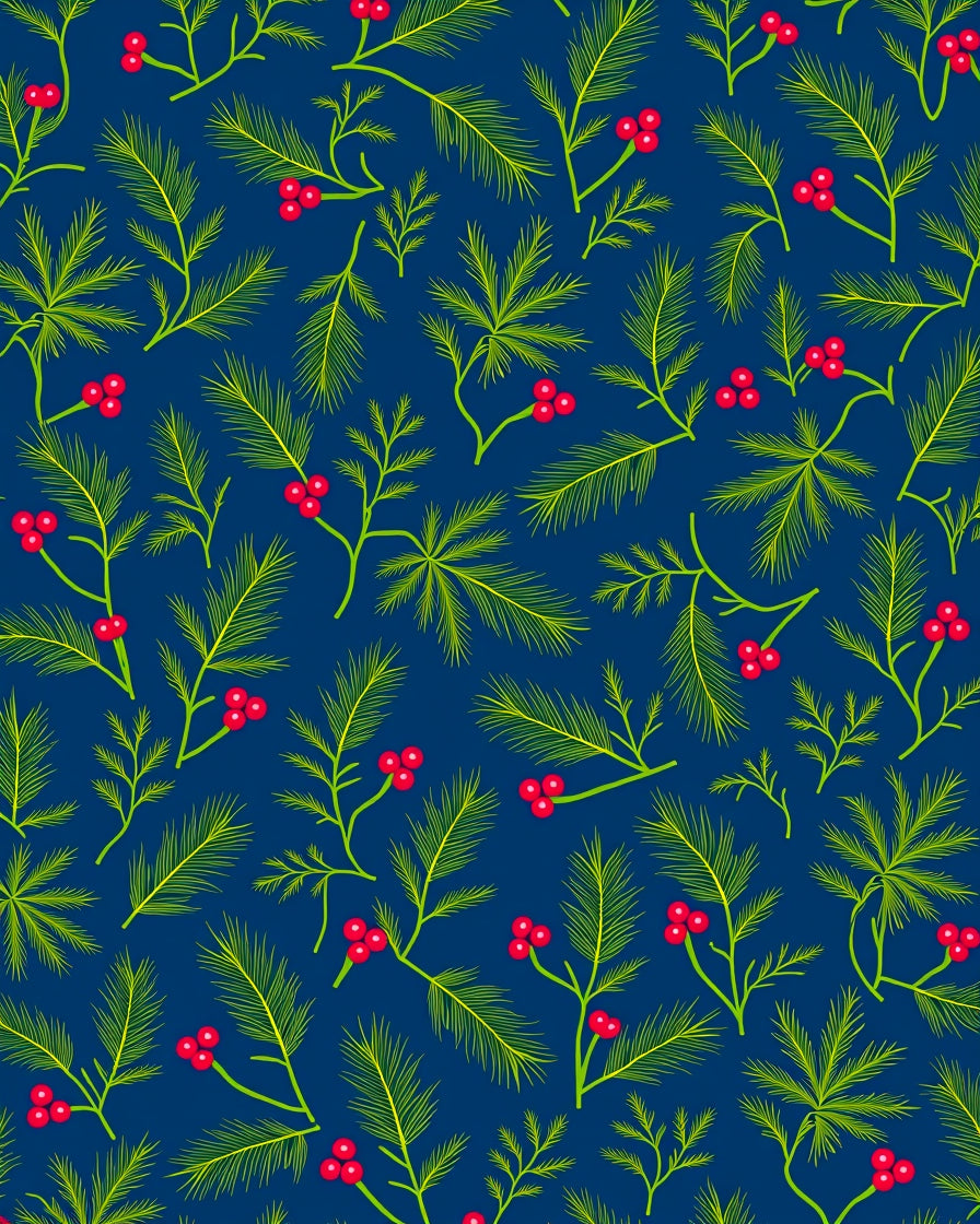 Evergreen Berry Branches on Deep Blue Rug