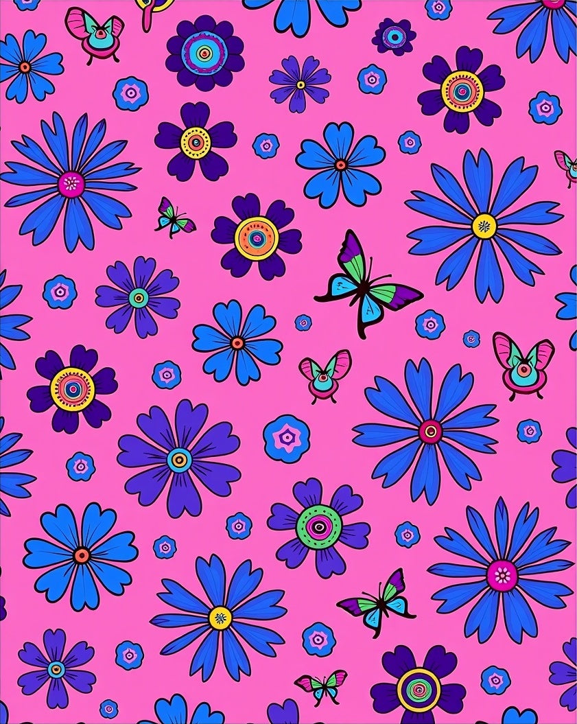 Pink Blue Floral Butterfly Garden Rug