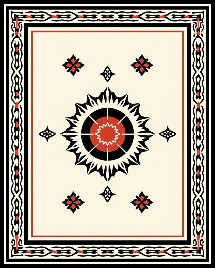Bold Crimson Sunburst Geometric Border Rug