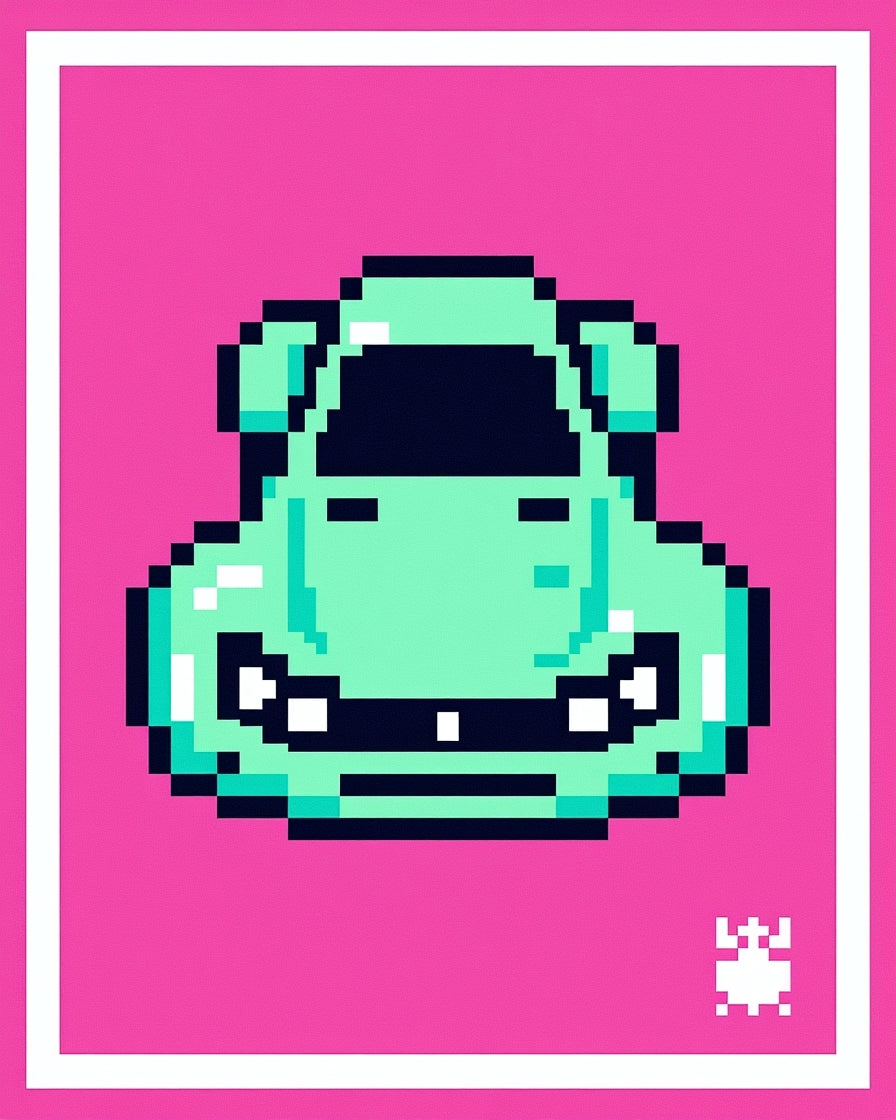 Pixelated Teal Sports Car Pink Background Rug