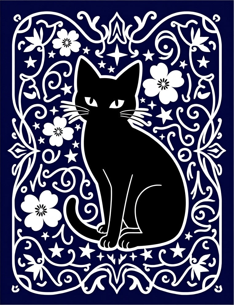 Mystical Black Cat Floral Whimsical Night Rug