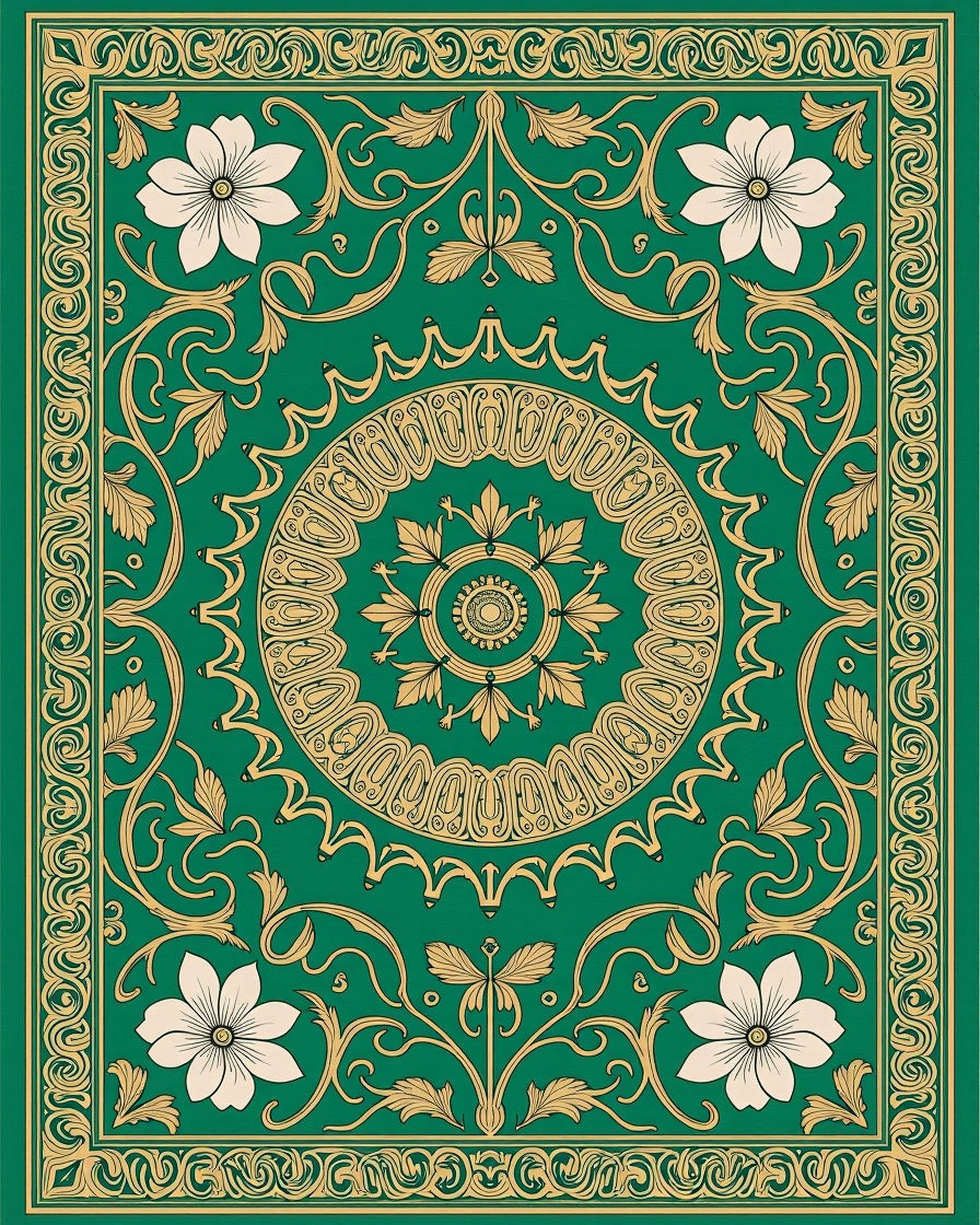 Emerald Gold Floral Mandala Ornamental Rug