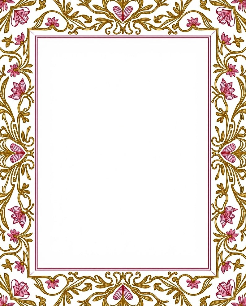 Elegant Pink Floral Gold Vine Border Rug