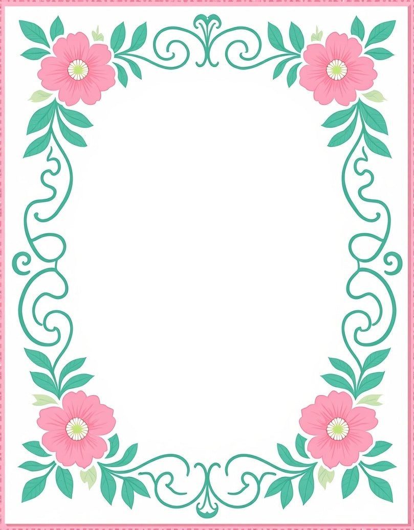 Pink Floral Vines Scrollwork Border Rug