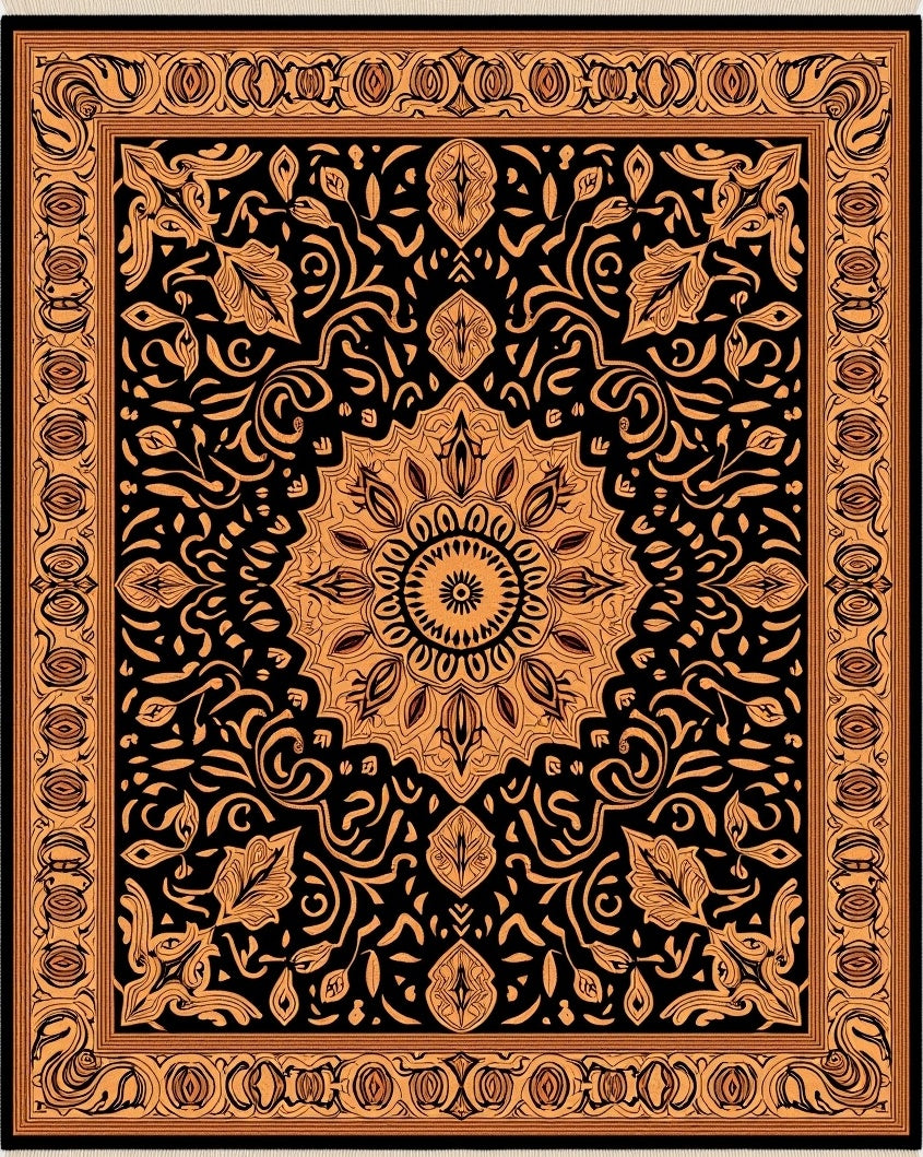 Golden Black Medallion Floral Border Rug