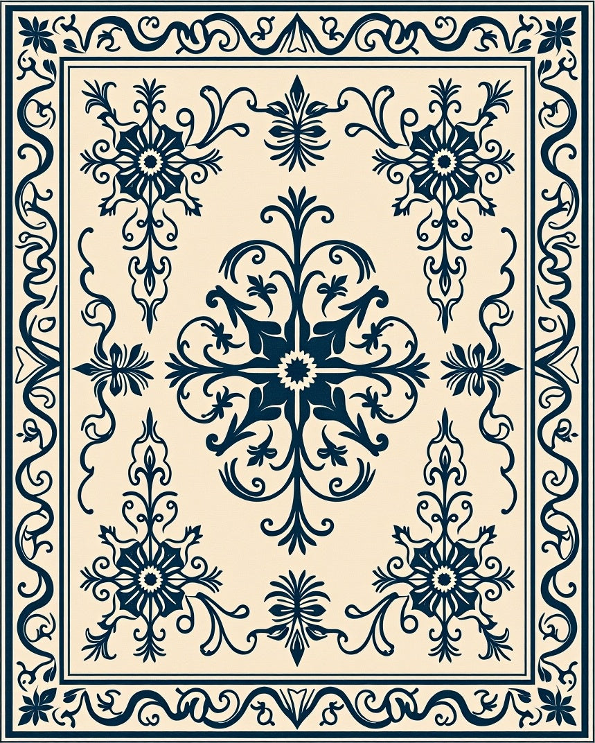 Deep Blue Floral Crests Ivory Field Rug