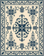 Deep Blue Floral Crests Ivory Field Rug