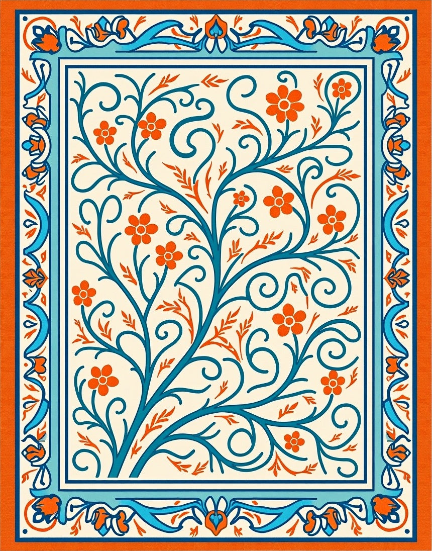 Orange Blue Floral Tree Border Rug