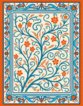 Orange Blue Floral Tree Border Rug