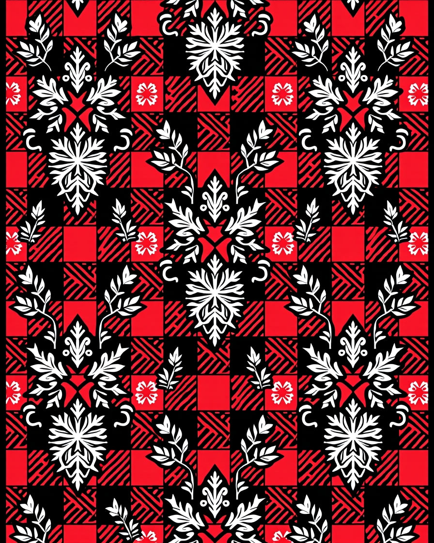 Red Black Buffalo Check Floral Medallions Rug
