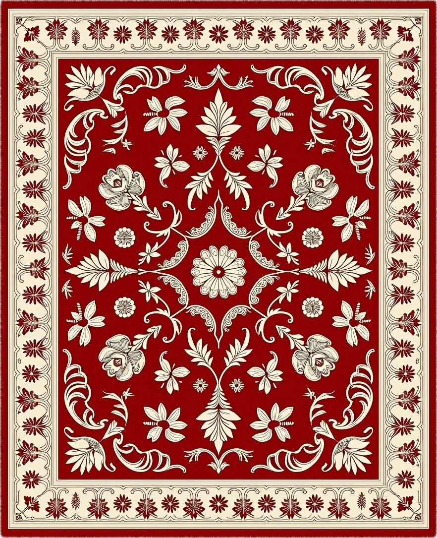 Rich Red Ornate Floral Vine Rug