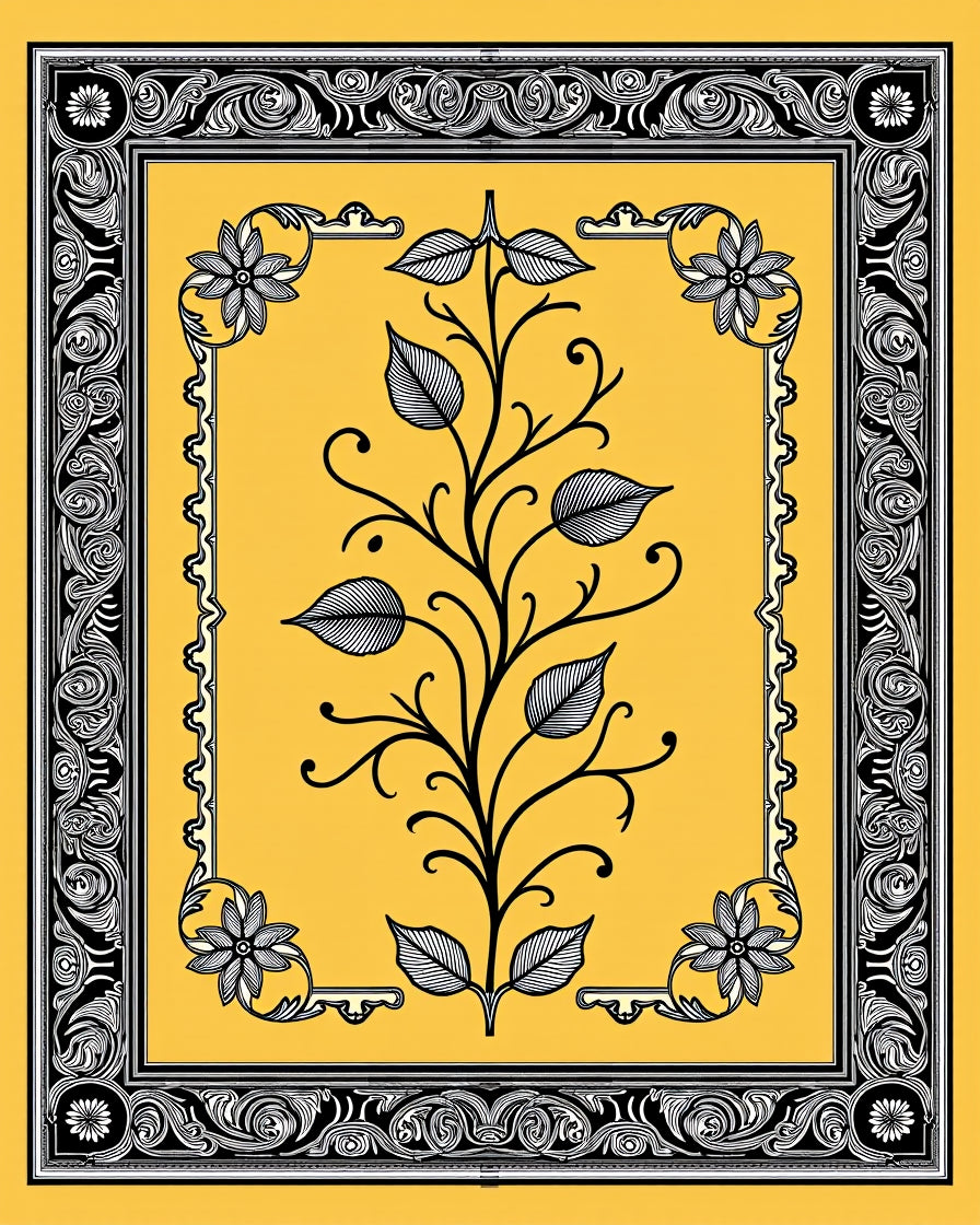 Gold Yellow Black Floral Scroll Border Rug