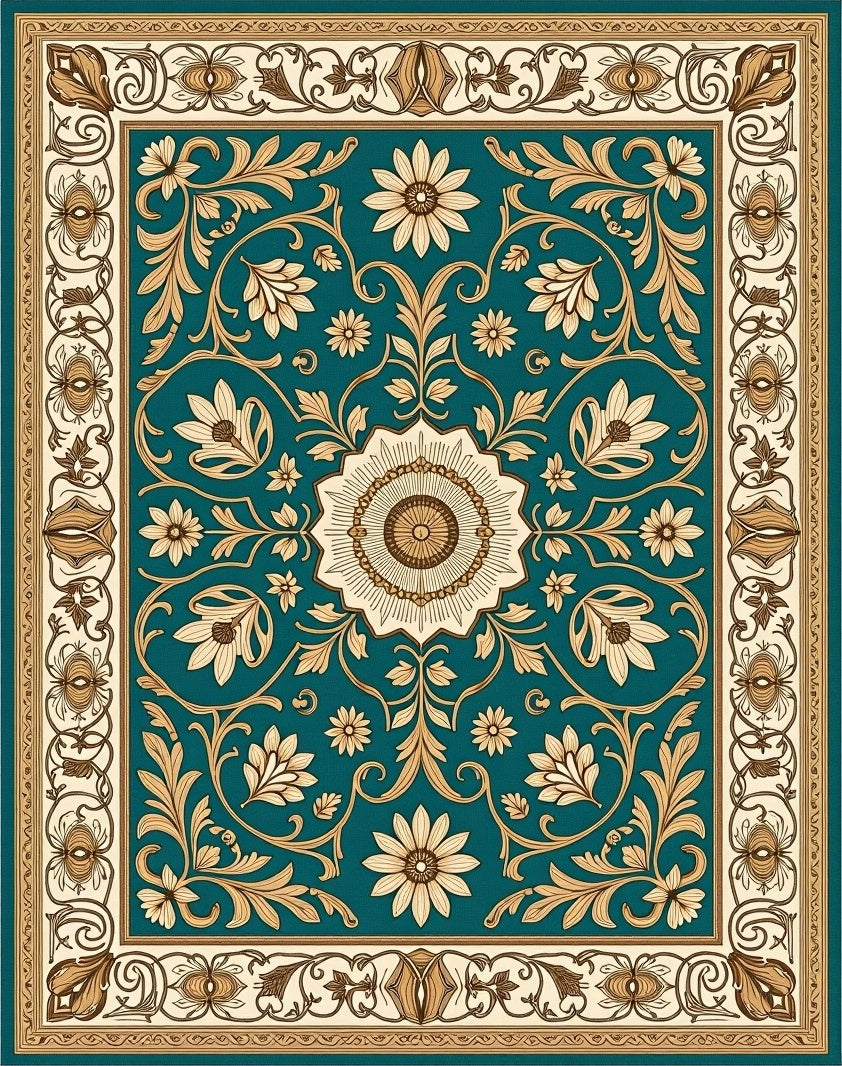 Vintage Teal Floral Scroll Medallion Rug