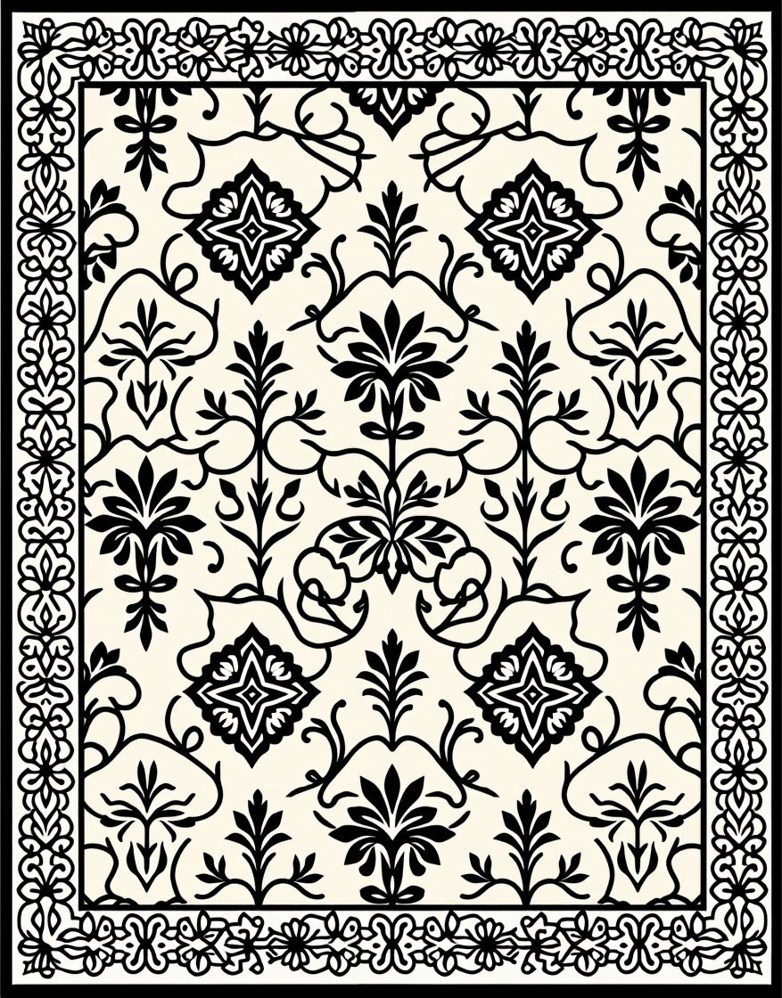 Black Ornamental Floral Cream Field Rug