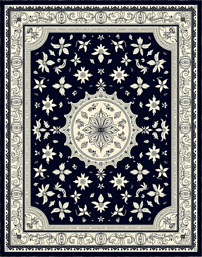 Dark Navy Floral Medallion Garden Rug